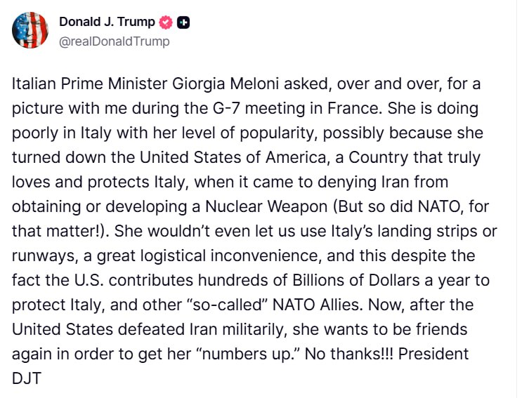 Трамп раскритиковал Мелони за отказ поддержать США по Ирану на саммите G7 во Франции